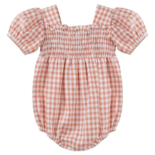 Designer Kidz LILY PUFF SLEEVE ROMPER - TERRACOTTA GINGHAM